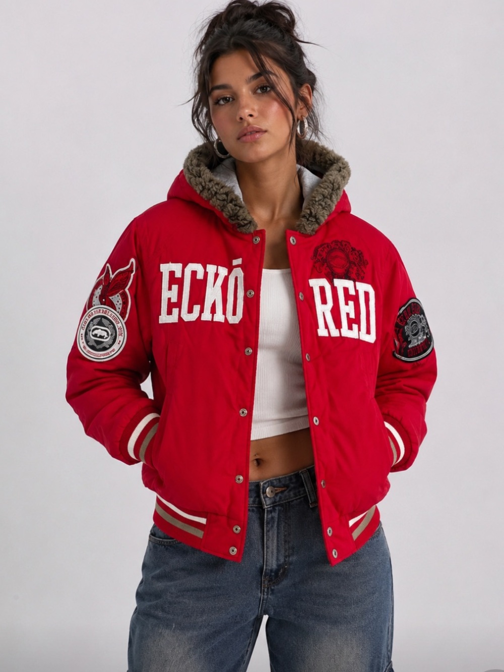 ECKO RED Bold Red Patchwork Varsity Jacket Vintage Y2K